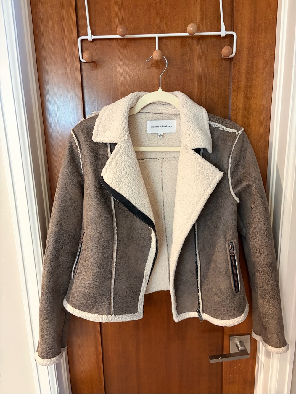 cupcakes & cashmere Taupe and Cream Shearling Moto Jacket